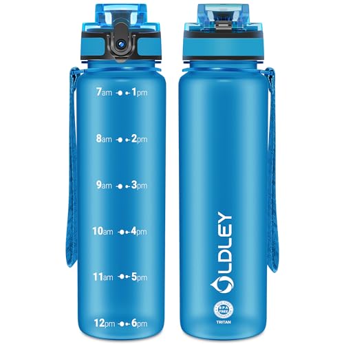OLDLEY 32 oz Motivational Water Bottle with Time Marker, Sports Water Bottle With Strap, Leakproof & BPA Free Large Water Bottle for School, Gym, Travel, Outdoor, Tritan, Blue - color: Blue, size: 32 Ounces