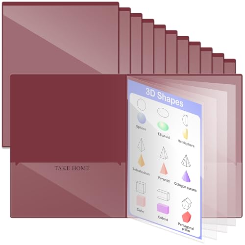 Henoyso 12 Pcs School and Home 2 Pocket Folders with 4 Clear Inner Pockets Plastic Heavy Duty Homework Folders Parent Teacher Communication for Student Home Office Classroom,11 x 9 Inch (Dark Red) - color: Dark Red