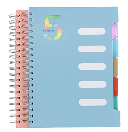 5 Subject Notebook, 2 Pcs Pink and Light Blue 10 Inch x 7 Inch B5 Spiral Notebook With Waterproof Plastic Softcover, 300 Pages 80 Gsm College Ruled Papers With 5 Sheets Colorful Movable Dividers - color: Pink and Light Blue