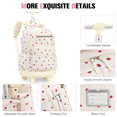 ACESAK Rolling Backpack for Girls - Roller Wheels School bag with Lunch Bag & Pencil Pouch for Teen Girls Kids Wheeled Suitcase Backpacks, Elementary Middle School Travel Daypack (Beige Strawberry) - color: Beige Strawberry