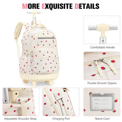 ACESAK Rolling Backpack for Girls - Roller Wheels School bag with Lunch Bag & Pencil Pouch for Teen Girls Kids Wheeled Suitcase Backpacks, Elementary Middle School Travel Daypack (Beige Strawberry) - color: Beige Strawberry