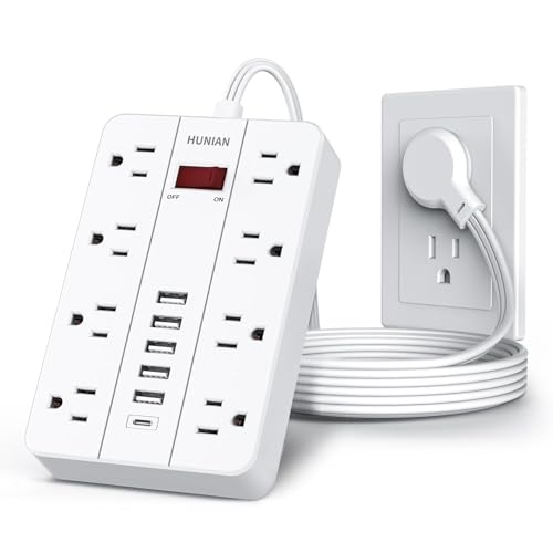 Power Strip with USB, Flat Plug Extension Cord with Multiple Outlets 5 Ft, HUNIAN Power Strip with 8 Widely Spaced Outlets 6 USB Charger (1 USB C Port), Desk Charging Station for Home Office, White - color: White, size: 5FT
