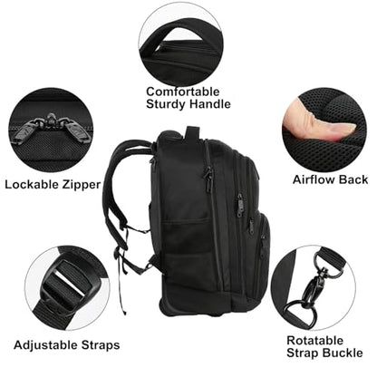 MATEIN Rolling Backpack, 17 inch Water Resistant Wheeled Laptop Backpack, Carry on Luggage Business Bag, Overnight College Computer Bag Trolley Suitcase for Men Women Adults to Travel, Black | Backpack with Wheels, 17 inch Laptop Backpack, 36 L Main Compa