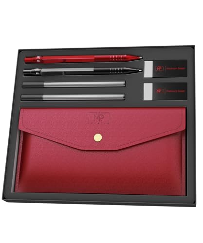 Mr. Pen- 0.5mm Metal Mechanical Pencil Set with Lead Refills & Erasers | 2 Pack, 2x Tubes Lead Refill, 2x Erasers, Red Faux Leather Pencil Case for School Supplies, Note Taking, Fathers Day Gift