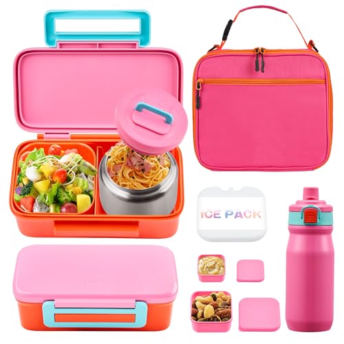 MAISON HUIS Bento Box for Kids with 8oz Soup Thermo, Insulated Lunch Bag & 17oz Water Bottle, 2-Compartment Bento Box with Built-In Ice Pack, Leak-Proof & BPA-Free (Pink) - color: Pink