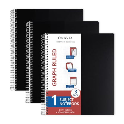 ONAVIA 1 Subject Graph Paper Spiral Notebook 3 Pack, 200 Pages, Black | 100 Sheets, 9 x 11 in, Waterproof Plastic Cover, Durable, 3-Hole Punched, Divider, Double-Sided Pocket - color: Black