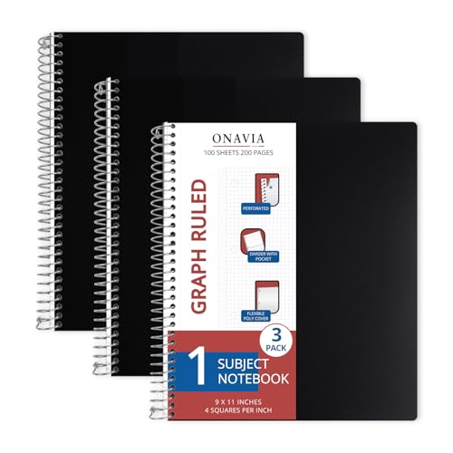 ONAVIA 1 Subject Graph Paper Spiral Notebook 3 Pack, 200 Pages, Black | 100 Sheets, 9 x 11 in, Waterproof Plastic Cover, Durable, 3-Hole Punched, Divider, Double-Sided Pocket - color: Black