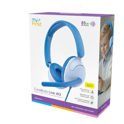 myFirst CareBuds Link W2 Kids Wired Headphones with Microphone, 85dB Volume Limit, 3.5mm On-Ear Headset, Foldable Lightweight Headphones with Rotatable Boom Mic (Mix Blue) - color: Mix Blue