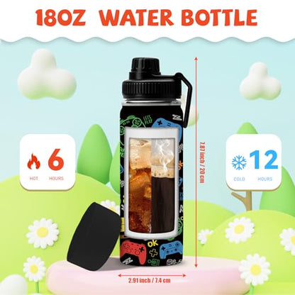 Gamer Gifts for Boys Kids - 18oz Gaming Water Bottle Stainless Steel, Insulated Straw Lid Leak Proof, BPA Free Metal Thermos for Teen Boys Girls, Video Game Party Favors Travel School（Game2） - color: Game2