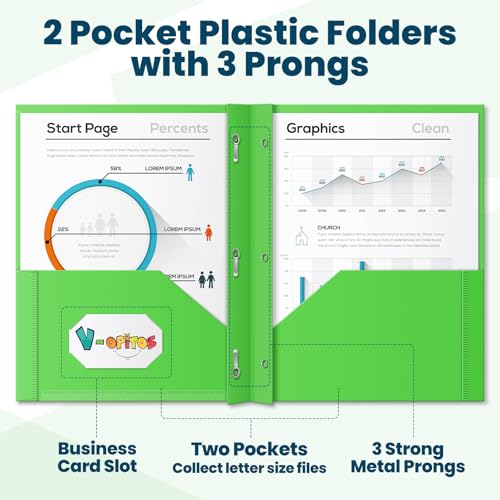 V-Opitos 120 Pack 2 Pocket Folders with 3 Prongs, Bulk Plastic Folders with Clear Front Pocket in 6 Colors, Heavy Duty File Folder with Fastener Clasps, Ideal School and Office Supplies