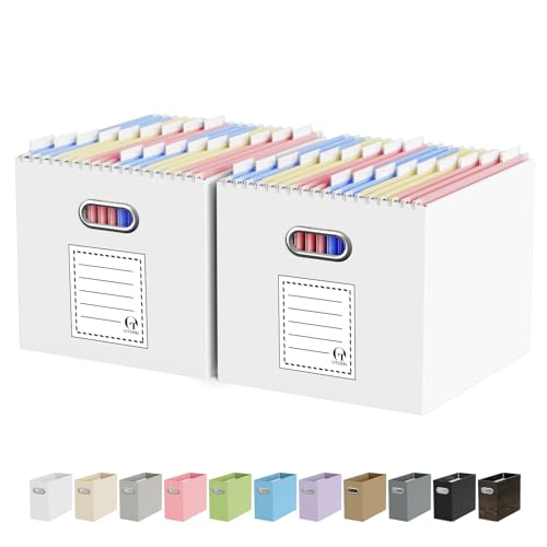 Oterri Portable Collapsible Cardboard File Box with Handle for Letter-Size | 2-Pack. Stainless Steel Handle. Label Stickers Included. Fits Letter Folders (Not Included). Home, Office, School, Dorm, Tax. - color: White, size: Letter Size - 2 Packs-Large