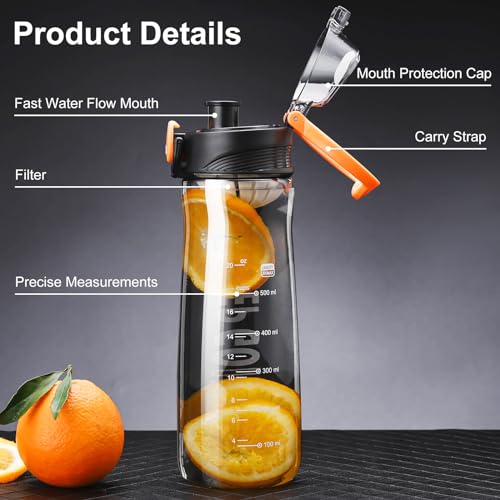 Doseno Clear Water Bottle, 27 oz Reusable Plastic Sports Bottle, Black | Clear plastic water bottle with measurements has dual openings, removable filter and carrying strap for gym and hiking