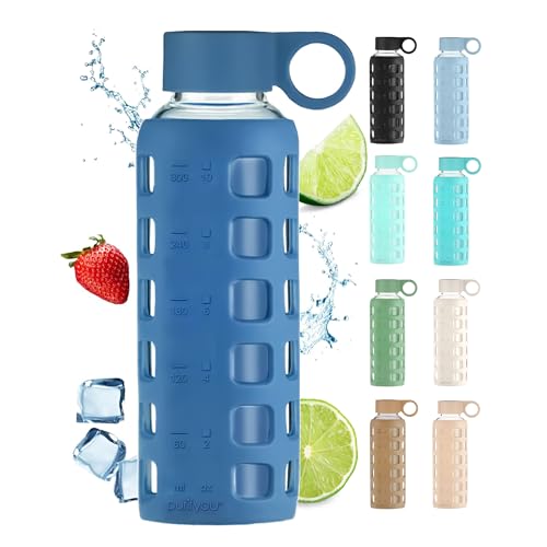 purifyou 40oz / 32oz / 22oz / 12oz Borosilicate Glass Water Bottle with Time & Volume Markers, Silicone Sleeve, Stainless Steel Lid | Reusable Glass Bottle for Water & Juice (12oz Chinese Porcelain) - color: Chinese Porcelain (1 Count), size: 12 Ounces