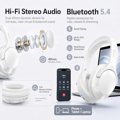 MIDOLA Bluetooth Headphones Over Ear, 68H Playtime Wireless Headphones with Microphone, 6 EQ Modes, HiFi Stereo Deep Bass, Foldable Lightweight Headset for Home Office, Cellphone, PC, White - color: White