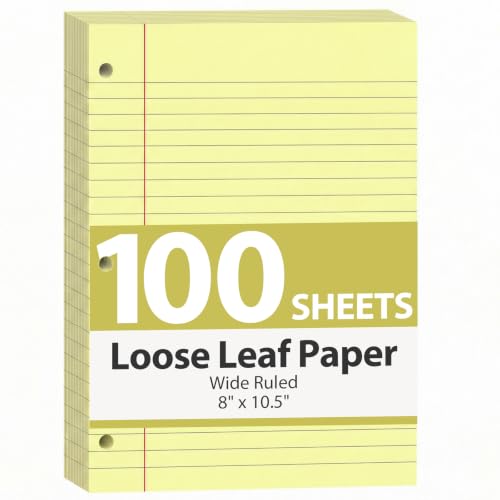 HIBOX Loose Leaf Paper Wide Ruled, 100 Sheets 8"x10.5" 3-Hole Punch, Yellow | Anti-Bleed, 11/32" Spacing, Filler Paper for Binders, College, Office, School Supplies, Back to School & Classroom Must Haves - color: Yellow