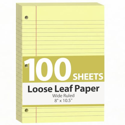 HIBOX Loose Leaf Paper Wide Ruled, 100 Sheets 8"x10.5" 3-Hole Punch, Yellow | Anti-Bleed, 11/32" Spacing, Filler Paper for Binders, College, Office, School Supplies, Back to School & Classroom Must Haves - color: Yellow