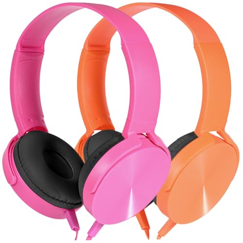Kids Headphones 2 Pack for School Classroom K-12, Durable Wired Student Computer Online Learning Headset for Laptop Library Airplane and Travel (Pink+Orange) - color: Mixed Colors, size: 2 Pack