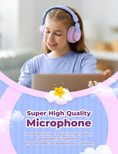 iClever BTH12 Kids Bluetooth Headphones,Colorful LED Lights,74/85dBA Safe Volume,85H Playtime,Fast Charging,Bluetooth 5.2,Over Ear Kids Headphones Wireles for iPad/Tablet/Airplane, Gradient Pink - color: Gradient Pink