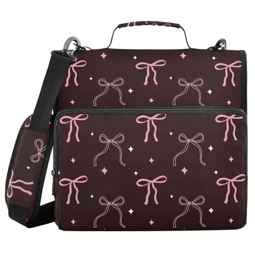 Pink Bows Star Black Zipper Binder with Shoulder Strap Bag 3 Ring Binder Organizer Large Capacity Multiple Compartments for School Office - color: Multicolored 24