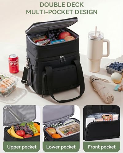 HOMESPON Double Layer Lunch Bag for Women Men, 14L Large Insulated Lunch Box with Shoulder Strap, Expandable Cooler Tote with Cup Holder for Work Office Picnic, Black - color: Black
