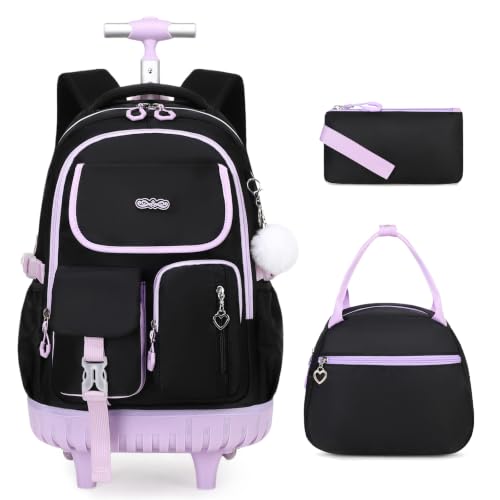 DIGOBAY Rolling Backpack for Girls, Girls Roller Backpack with Lunch Bag and Pencil Case, School Bookbag with Wheels for Elementary Middle High School Travel, Black Purple - color: Black and Purse