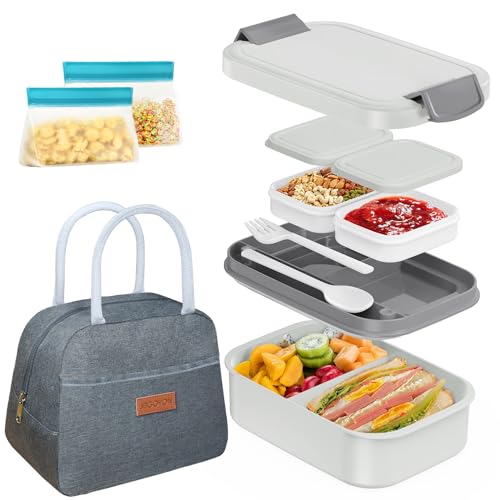 JBGOYON 4-in-1 Bento Box and Insulated Lunch Bag Set, Gray | 6-hour insulation, 7.5 L lunch bag, leakproof 1.9 L container with 2 sauce cups, fork and spoon, 2 snack bags, BPA-fre - color: Light Gray
