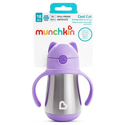 Munchkin Cool Cat Sippy Cup with Straw for Toddlers, Stainless Steel Straw Cup, 8 Ounce, Purple - color: Purple, size: 8 ounces