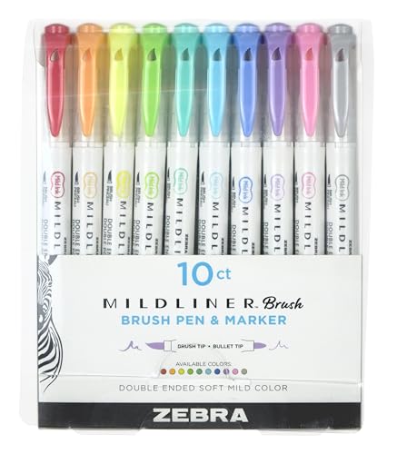 Zebra Pen, Mildliner Dual-Ended Brush Pens, 10 Assorted Colors, Brush and Fine Tips, Soft Mild Ink with No Bleed-Through, Water-Resistant Ink for Journaling, Calligraphy, Planners, 10-Pack (79101) - color: Assorted B, size: 1 Count (Pack of 10), style: Br