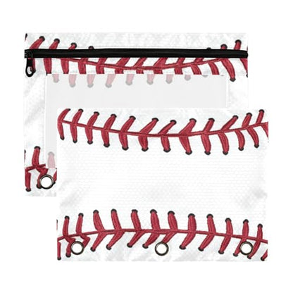 Kcldeci Pencil Pouch for 3 Ring Binder, Red Baseball Pattern 2 Pack Binder Pencil Pouch with Clear Window Pencil Bags with Zipper Pencil Case for Binder - color: A04