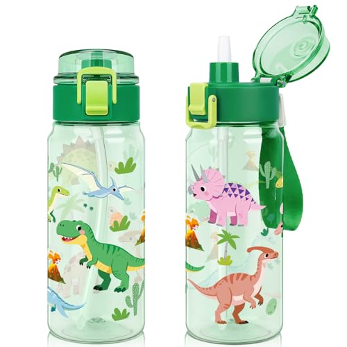 Tritan Kids Water Bottle for School, 18.6 oz Leakproof 2-in-1 Toddler Water Bottle with a Pop-up Detachbale Straw, Dishwasher Safe (Dinosaur) - color: Dinosaur