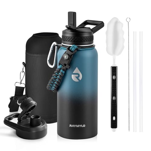 RAYMYLO Insulated Water Bottle 32 oz, Triple Wall Vacuum Stainless Steel (Cold for 24Hrs, Hot for 12Hrs), Leak Proof & Non-BPA, Modern Water Flask Jug with Paracord Handle & Straw Spout Lids - color: Indigo/Black, size: 32 Ounces
