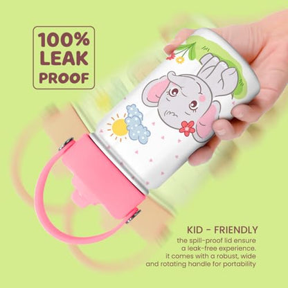 Elephant Water Bottle - Kids Water Bottle with Straw Lid - 12 Oz Insulated Stainless Steel Water Bottles for Kid Girl - Travel Cup for School Sports - color: Elephant