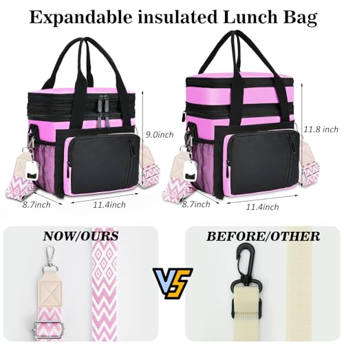 LOKASS Lunch Box & Lunch Bag for Women Men Double Deck, Large Insulated Adult Lunch Box Leakproof Lunchbox Cooler Bag for Work Picnic Beach,（Pink&Black 16L） - color: Pink 2