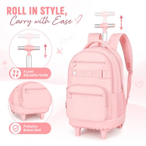3Pcs Rolling Backpack for Girls Women, 19 Inche School Roller Backpacks with Wheels, Adults Wheeled Bookbag with Lunch Box(Pink) - color: Classic Pink