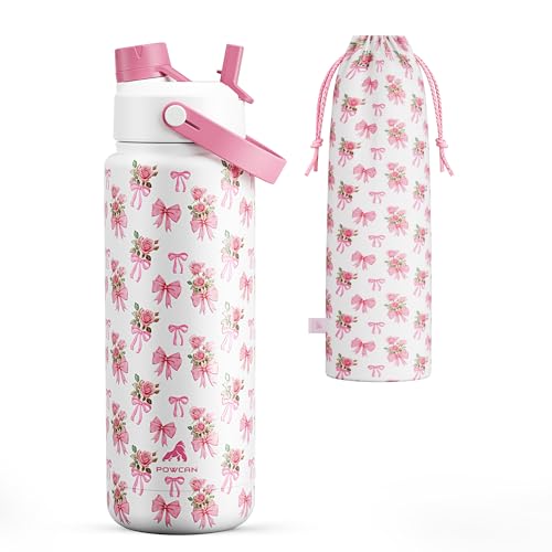 POWCAN 32 oz Insulated Water Bottle with 2-in-1 Straw and Spout Lid, Keep Cold 24H, Leak-Proof, BPA-Free, Double Wall Stainless Steel Water Bottle for Sports, Gym, Travel, Gift, Home (Rosy Bouquet) - color: Rosy Bouquet, size: 32 Ounces