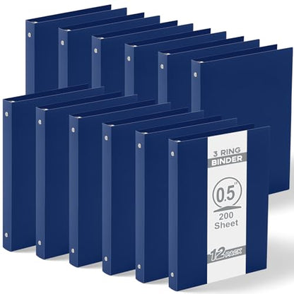 Henoyso 12 Pcs 0.5 Inch Mini 3 Ring Binders Fits 5.5" x 8.5" Paper, Holds(Capacity 140 Sheets), Plastic Flexible Three Round Rings Small Navy Blue A5 Binders Bulk for School, Office Use, Photo Album - color: Navy Blue, size: 0.5 Inch
