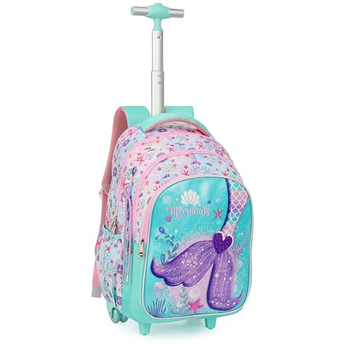 Cartoon Rolling Backpack for Boys Girls, Kids 5 Pcs Wheeled Backpack, Travel Backpack for Elementary Students (Mermaid Green) - color: Mermaid Green