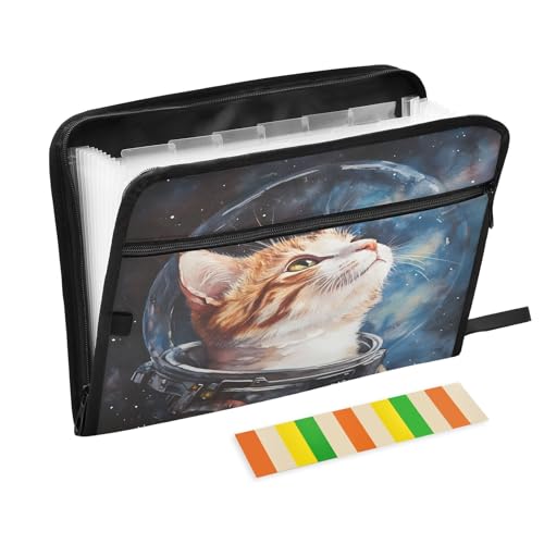 Cat Astronaut Watercolor 13 Pocket File Organizer Expanding File Folder with Front Pouch Portable Business File Storage Document Organizer Folder with Zipper - color: Cat Astronaut Watercolor