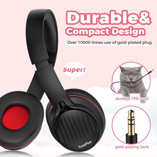 TuneFlux Upgraded Kids Headphones, Wired Toddler Headsets, 85dB Limited Volume On Ear Headphones, Portable Foldable Design, Stereo Sound Kids Headsets for School/Tablet/Travel-Black Red - color: Black Red