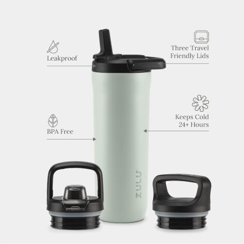 ZULU Base 18oz Kids Stainless Steel Water Bottle with 3 Lids- Straw, Chug, Twist | Double Walled and Vacuum Insulated Metal Thermos | Fits Car Cupholder, Built in Carry Loop, Dishwasher Safe, Sage - color: Sage, style: 18oz