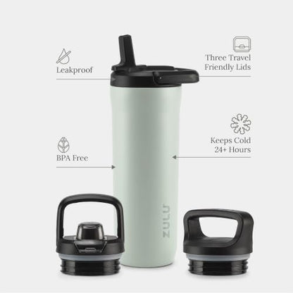 ZULU Base 18oz Kids Stainless Steel Water Bottle with 3 Lids- Straw, Chug, Twist | Double Walled and Vacuum Insulated Metal Thermos | Fits Car Cupholder, Built in Carry Loop, Dishwasher Safe, Sage - color: Sage, style: 18oz