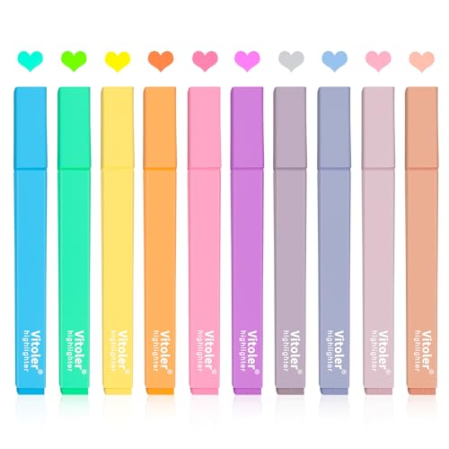 Vitoler 10Pcs Aesthetic Highlighters, Chisel Tip Marker Pens,Assorted Color Candy Highlighters,No Bleed Bible Highlighter,Cute Pastel Highlighter for Journaling Planner Notes School Supplies | Low Bleed on Standard Paper, Quick-Drying, Non-Toxic, for Bibl