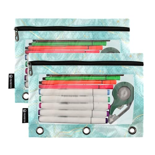 Personalized Pencil Pouch for 3 Ring Binder Cyan Teal Liquid Marble Custom Pencil Pouches Case Binder Cosmetic Bag 2 Pack for Office School College Supplies - color: Cyan Teal