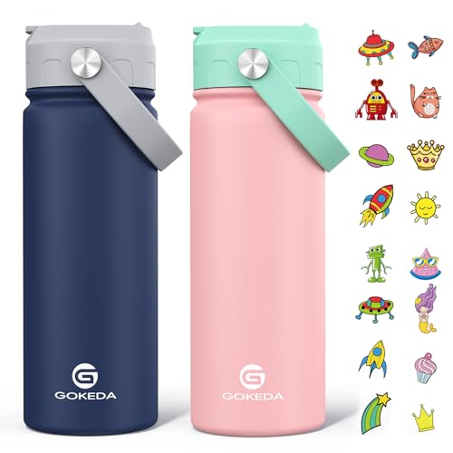 GoKEDA 18oz Kids Water Bottle, 2 Pack Stainless Steel Straw Cup - color: Sapphire Blue+Pink