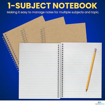 1InTheOffice Wirebound Spiral College Ruled Notebook 6 x 9, 3 Subject Notepad, Kraft Cover, 100 Sheets, (4/Pack)