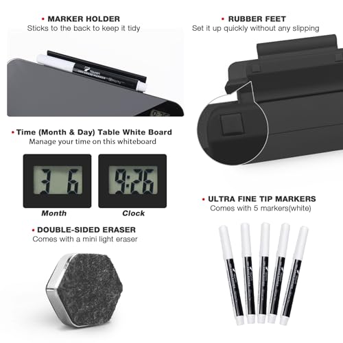TOWON Small White Board for Desk with Clock, Small Desktop Whiteboard Glass with Pen Holder, Time Reminder Dry Erase Board, Whiteboard for Desk, Digital LCD Display, for Home Office, Black, 8 x 6 in - color: Black With Clock