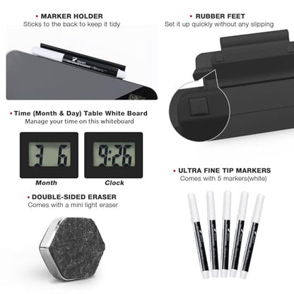 TOWON Small White Board for Desk with Clock, Small Desktop Whiteboard Glass with Pen Holder, Time Reminder Dry Erase Board, Whiteboard for Desk, Digital LCD Display, for Home Office, Black, 8 x 6 in - color: Black With Clock
