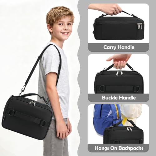 FlowFly Kids Lunch Bag, Durable Insulated School Lunch Box with Shoulder Strap and Bottle Holder, Water-resistant Thermal Small Lunch Cooler Tote for Teen Boys & Girls,Black - color: Black