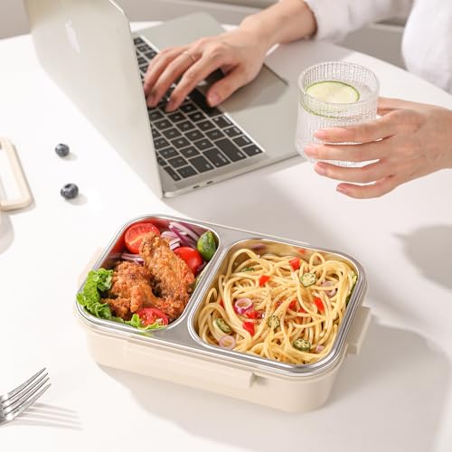 Stainless Steel Lunch Box with 2 Compartments, Leakproof, 30.5 oz Food Storage Containers, Bento Box for Adults,Men,Women(Beige) - color: Beige