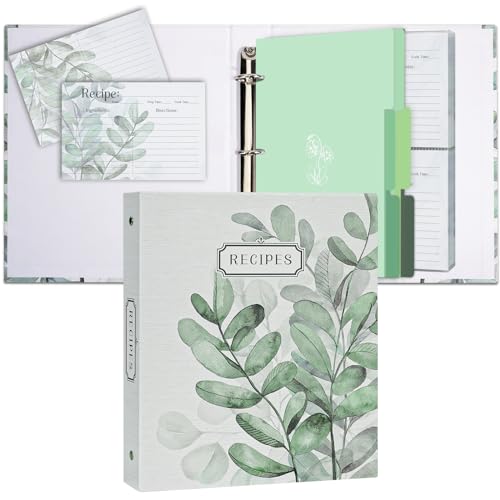 3 Ring Binder, 8.5x9.5, Full Page Binder Set with 25 Pages, 50 Recipe Cards & 6 Dividers - color: Leaves, size: Medium